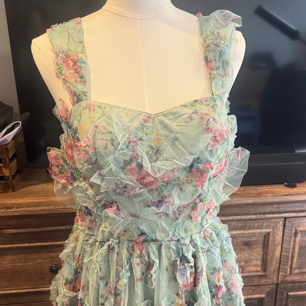 Floral Ruffle Maxi Dress Mint Green Sleeveless Boho Cottagecore Women’s L‎